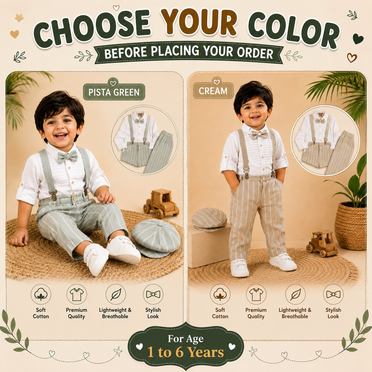 Pure Cotton Suspender Suit Set with Matching Hat