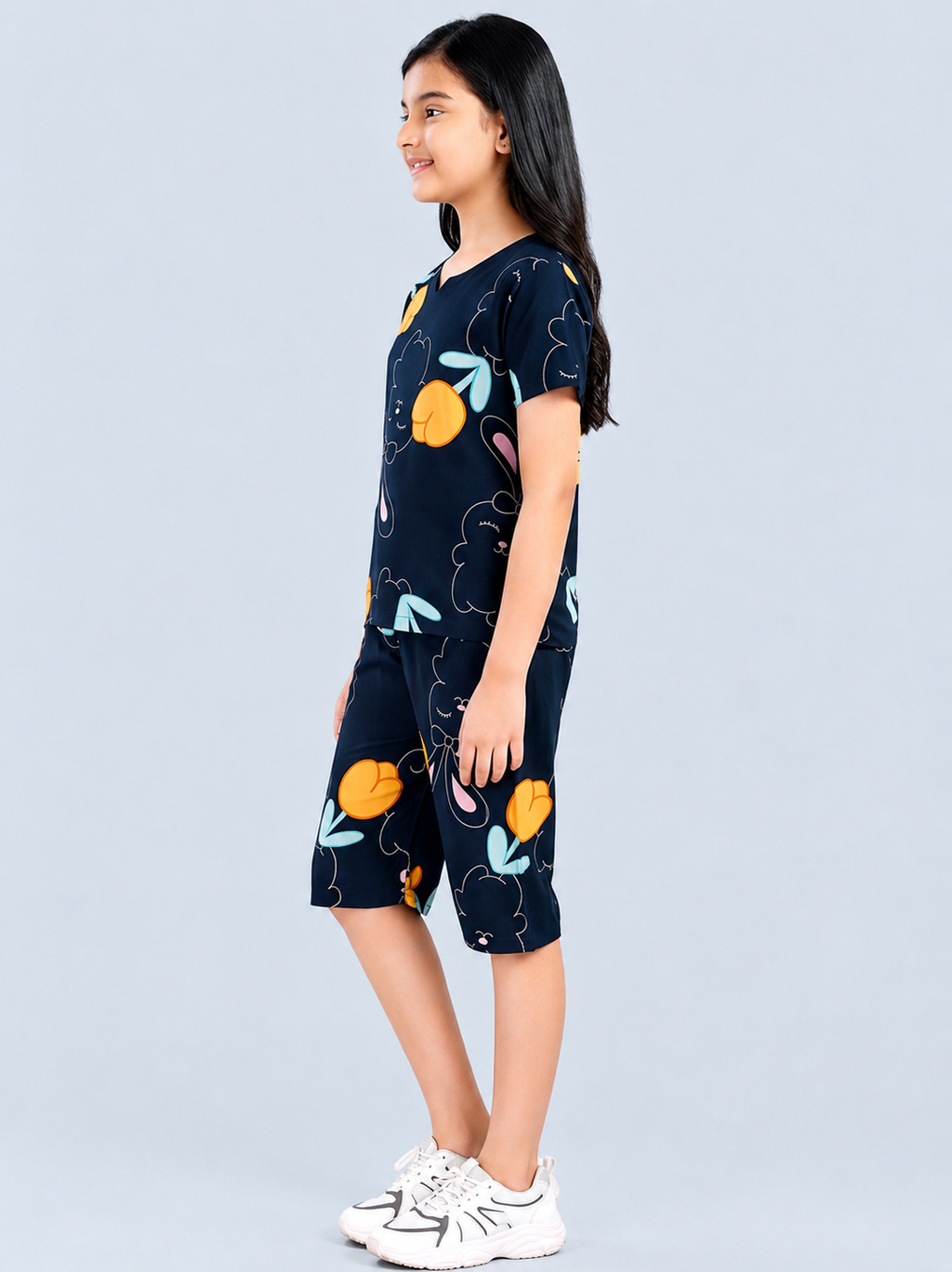 Cute Bunny & Tulip Print summer Co-Ord set for Girls