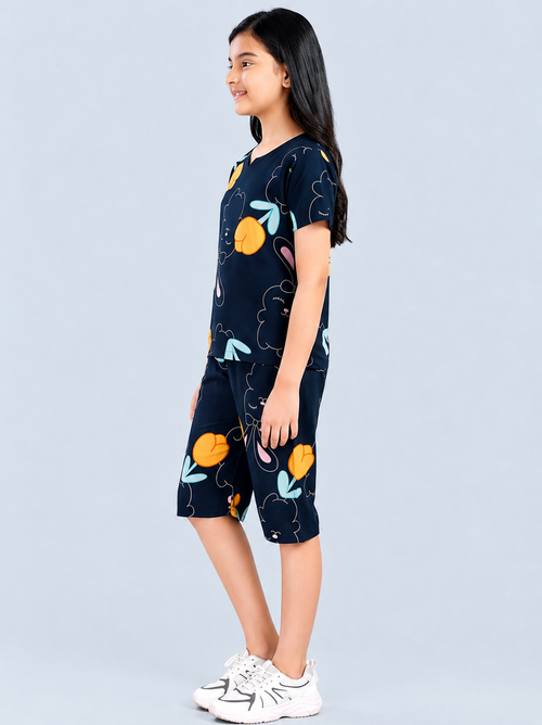 Cute Bunny & Tulip Print summer Co-Ord set for Girls