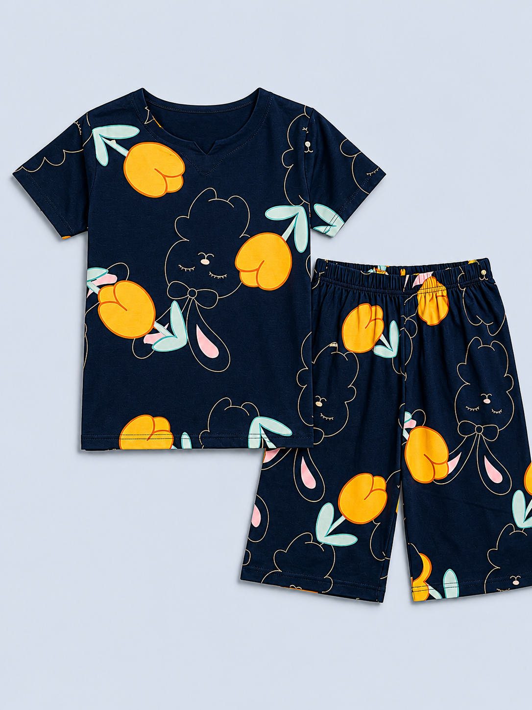 Cute Bunny & Tulip Print summer Co-Ord set for Girls