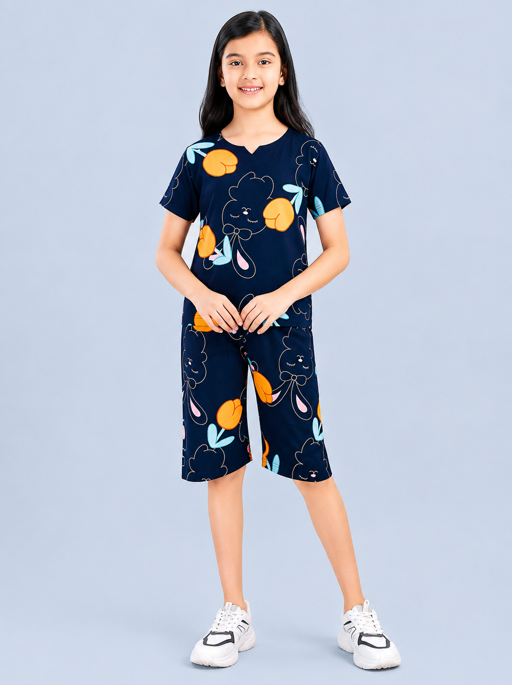 Cute Bunny & Tulip Print summer Co-Ord set for Girls