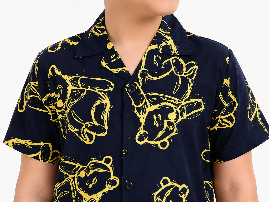 Summer Shirt & Shorts Set - Dark Blue & Yellow funky Bear Digital Print