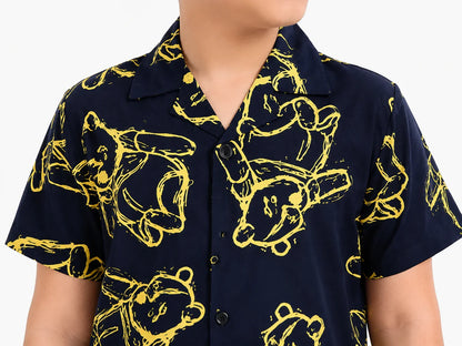 Summer Shirt & Shorts Set - Dark Blue & Yellow funky Bear Digital Print