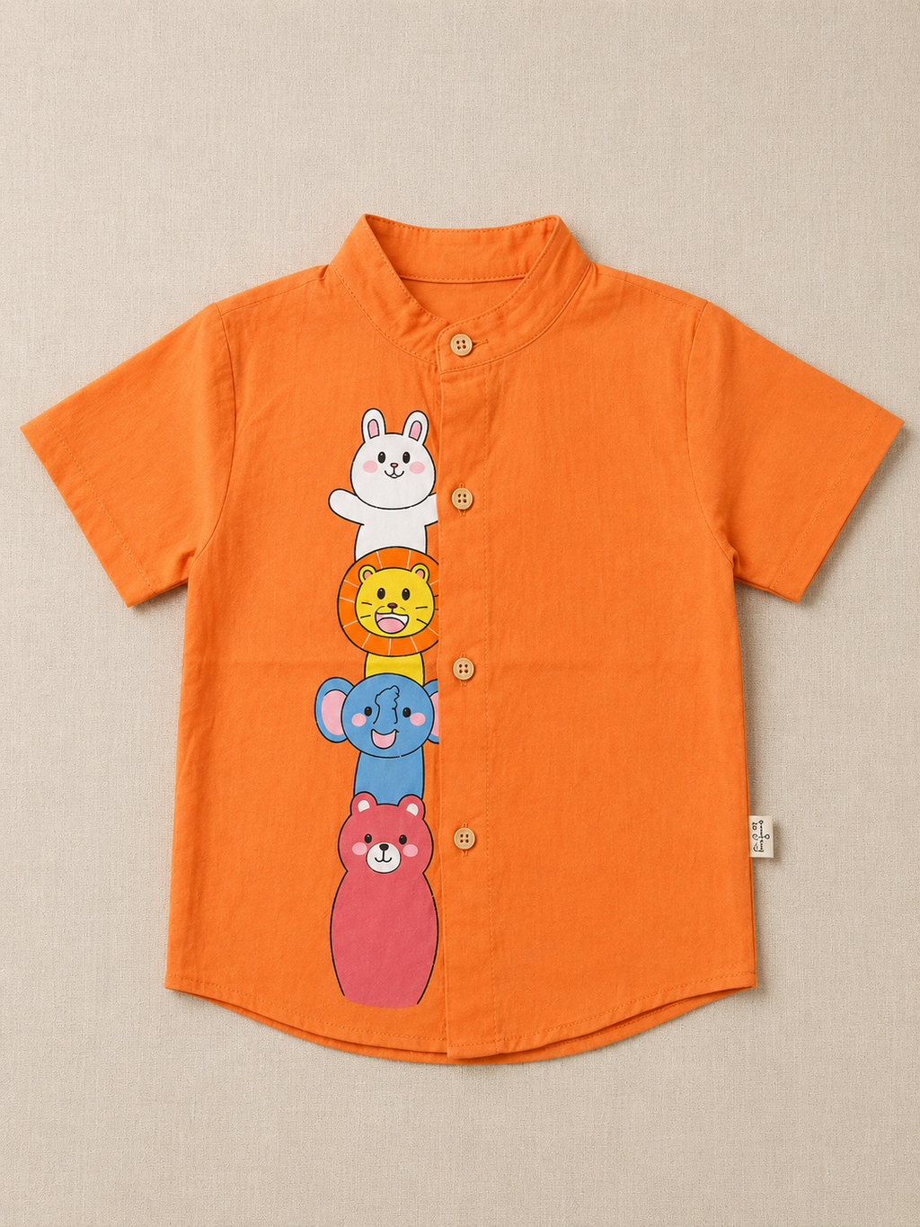 White Cotton Mandarin Collar Shirt with Cute Animal Graphics