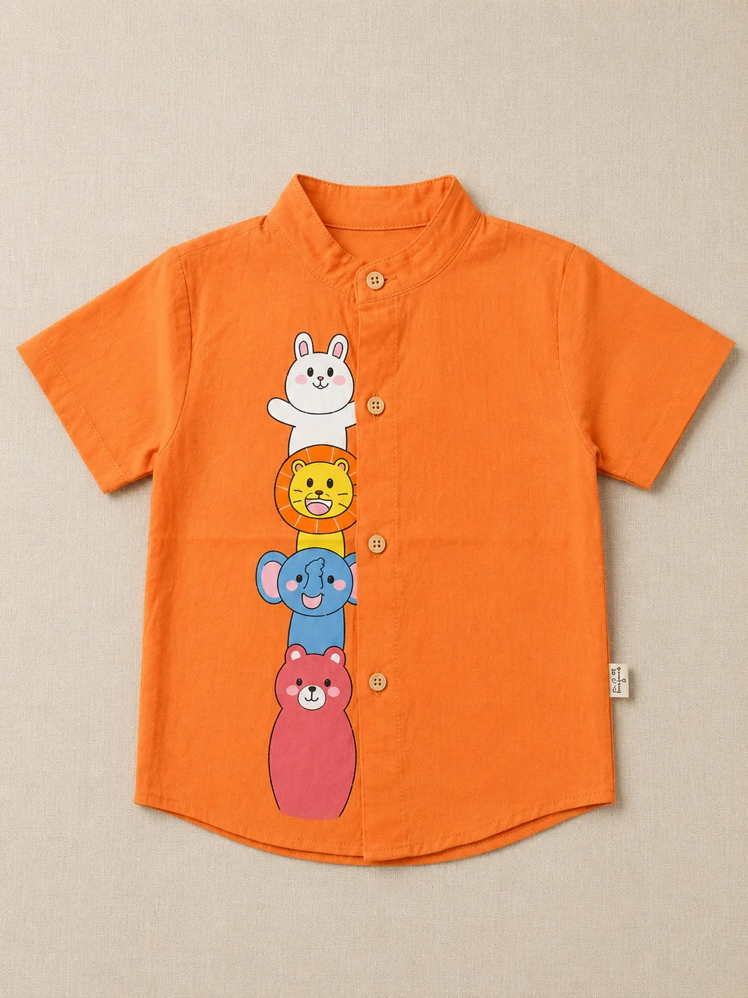White Cotton Mandarin Collar Shirt with Cute Animal Graphics