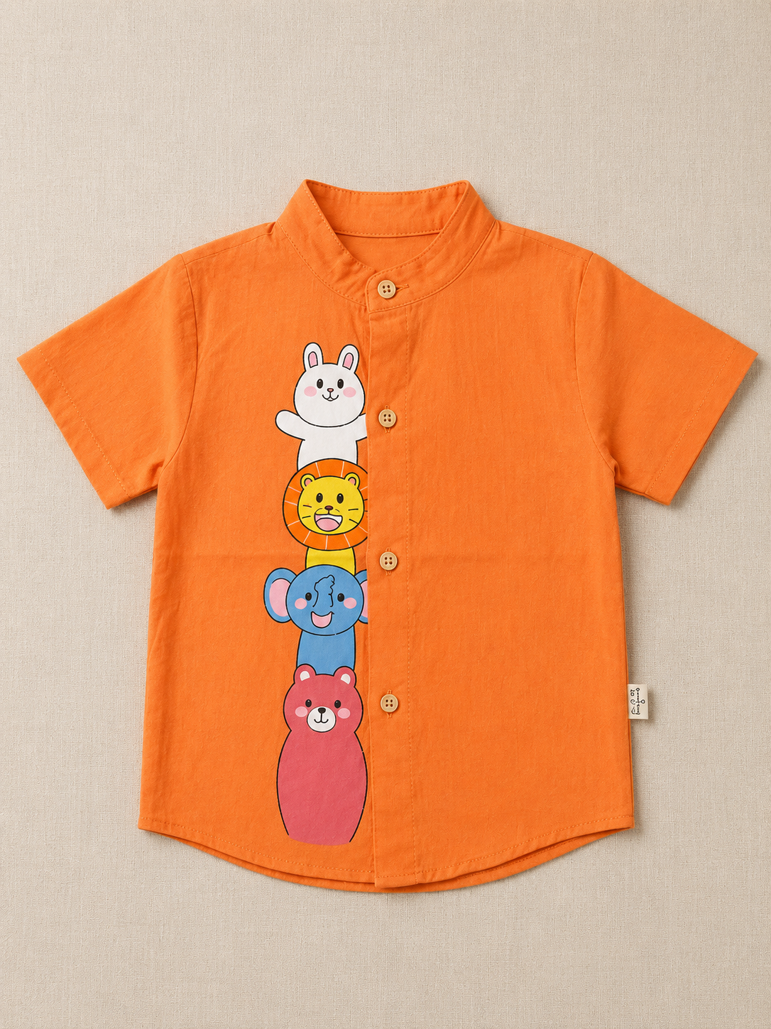 White Cotton Mandarin Collar Shirt with Cute Animal Graphics
