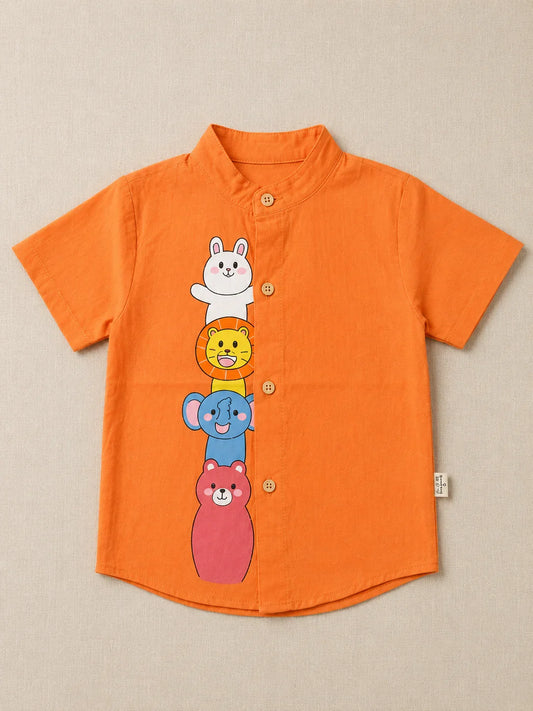 White Cotton Mandarin Collar Shirt with Cute Animal Graphics