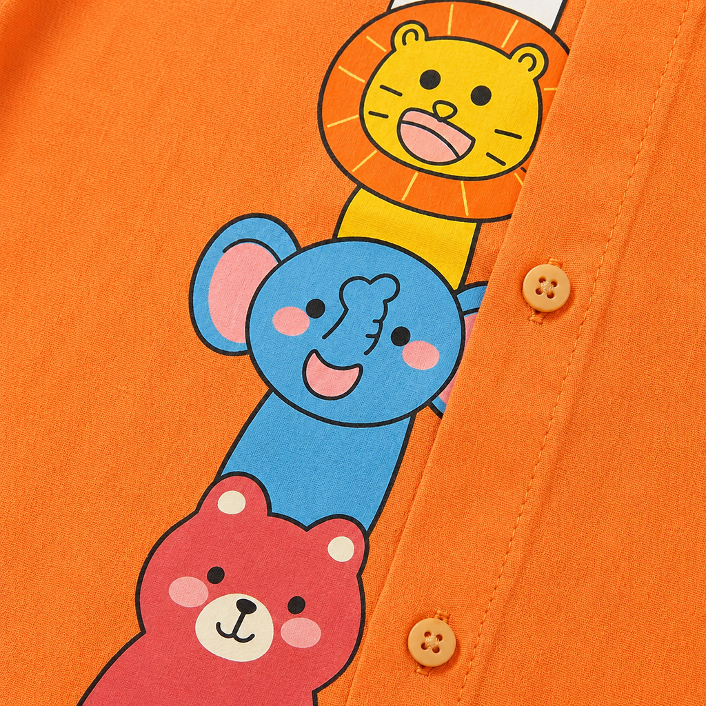 White Cotton Mandarin Collar Shirt with Cute Animal Graphics