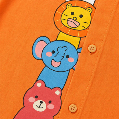White Cotton Mandarin Collar Shirt with Cute Animal Graphics