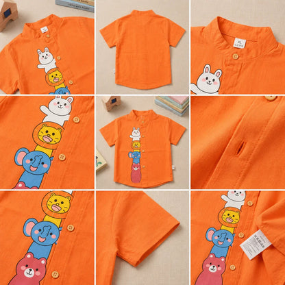 White Cotton Mandarin Collar Shirt with Cute Animal Graphics