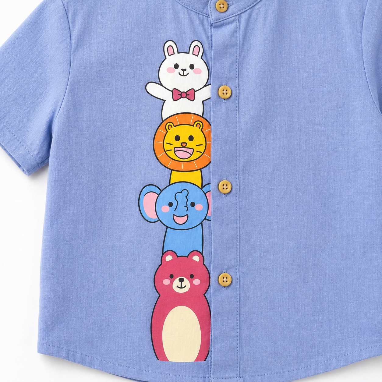 White Cotton Mandarin Collar Shirt with Cute Animal Graphics