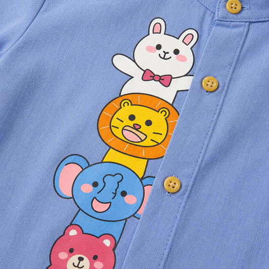 White Cotton Mandarin Collar Shirt with Cute Animal Graphics