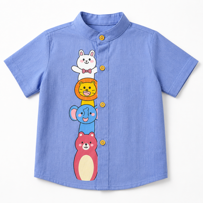 White Cotton Mandarin Collar Shirt with Cute Animal Graphics
