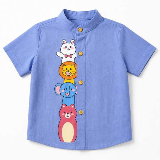 White Cotton Mandarin Collar Shirt with Cute Animal Graphics