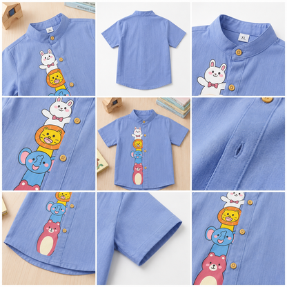 White Cotton Mandarin Collar Shirt with Cute Animal Graphics