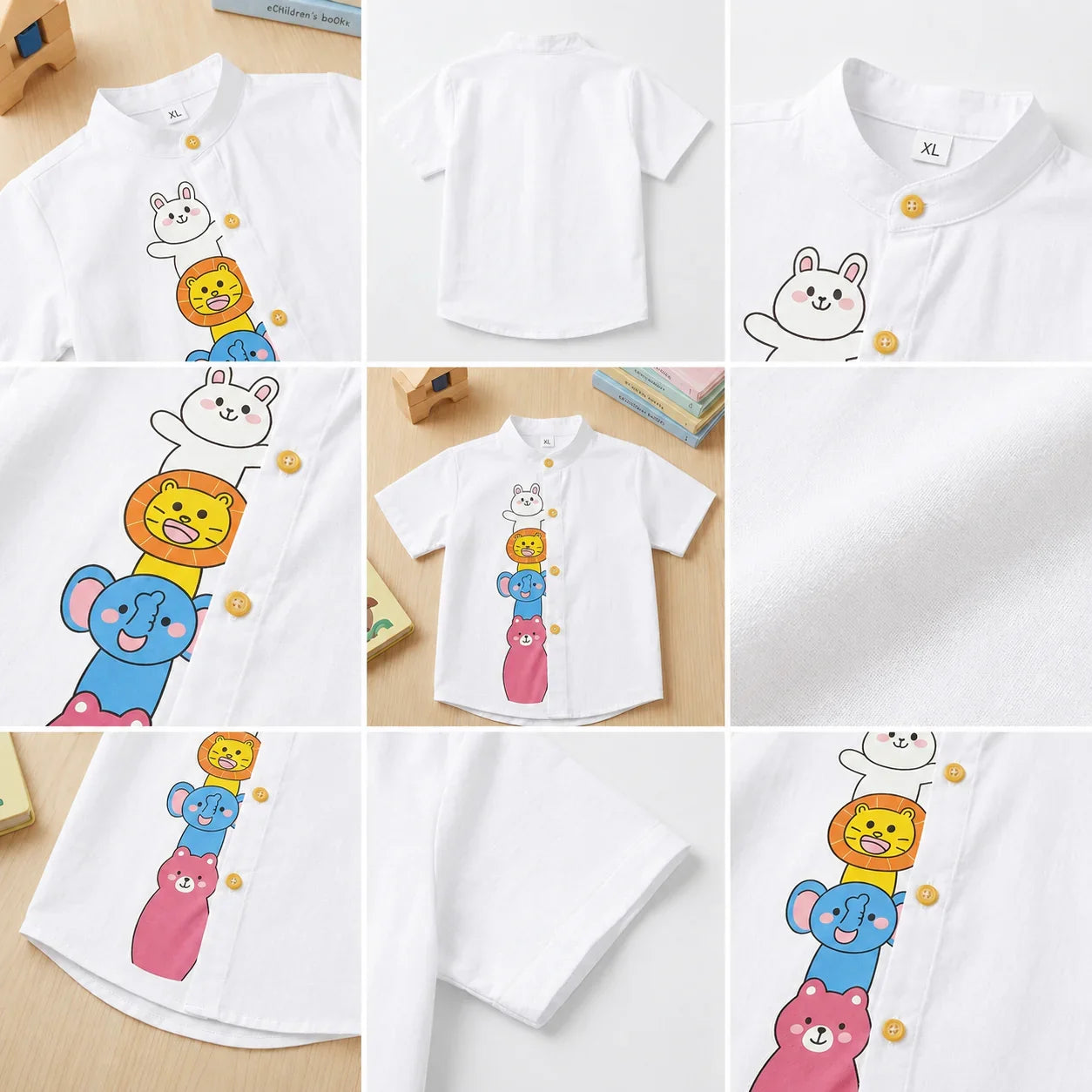 White Cotton Mandarin Collar Shirt with Cute Animal Graphics
