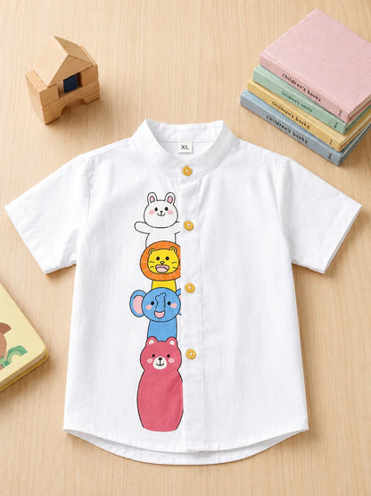 White Cotton Mandarin Collar Shirt with Cute Animal Graphics