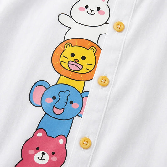 White Cotton Mandarin Collar Shirt with Cute Animal Graphics