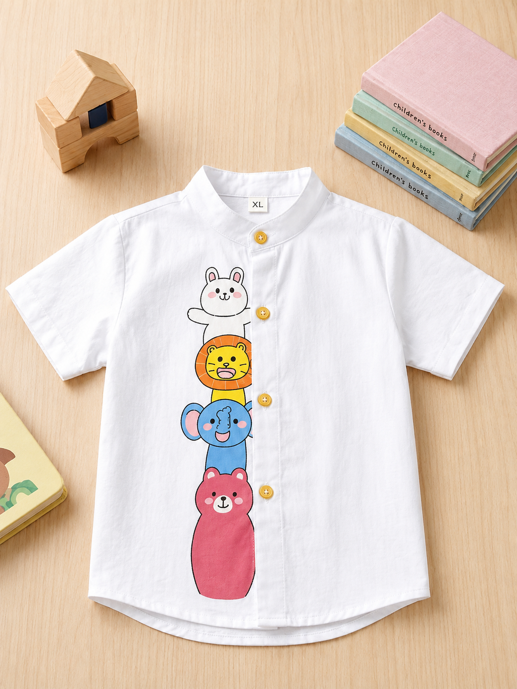 White Cotton Mandarin Collar Shirt with Cute Animal Graphics