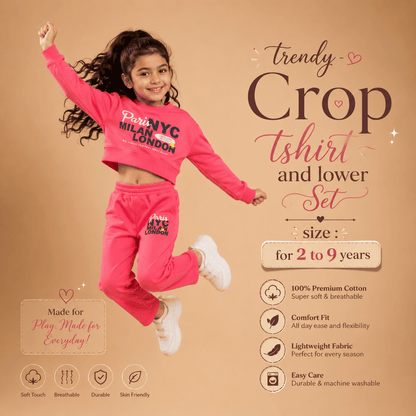 Pink Crop top+Striaght fit Lower set