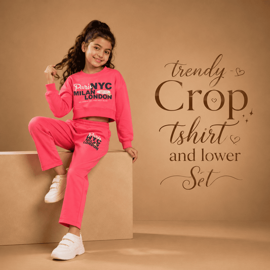 Pink Crop top+Striaght fit Lower set