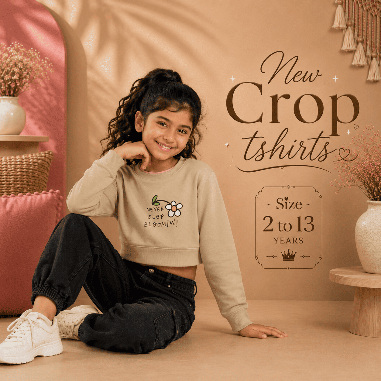 Cream Blommin' Crop Cotton Tshirt
