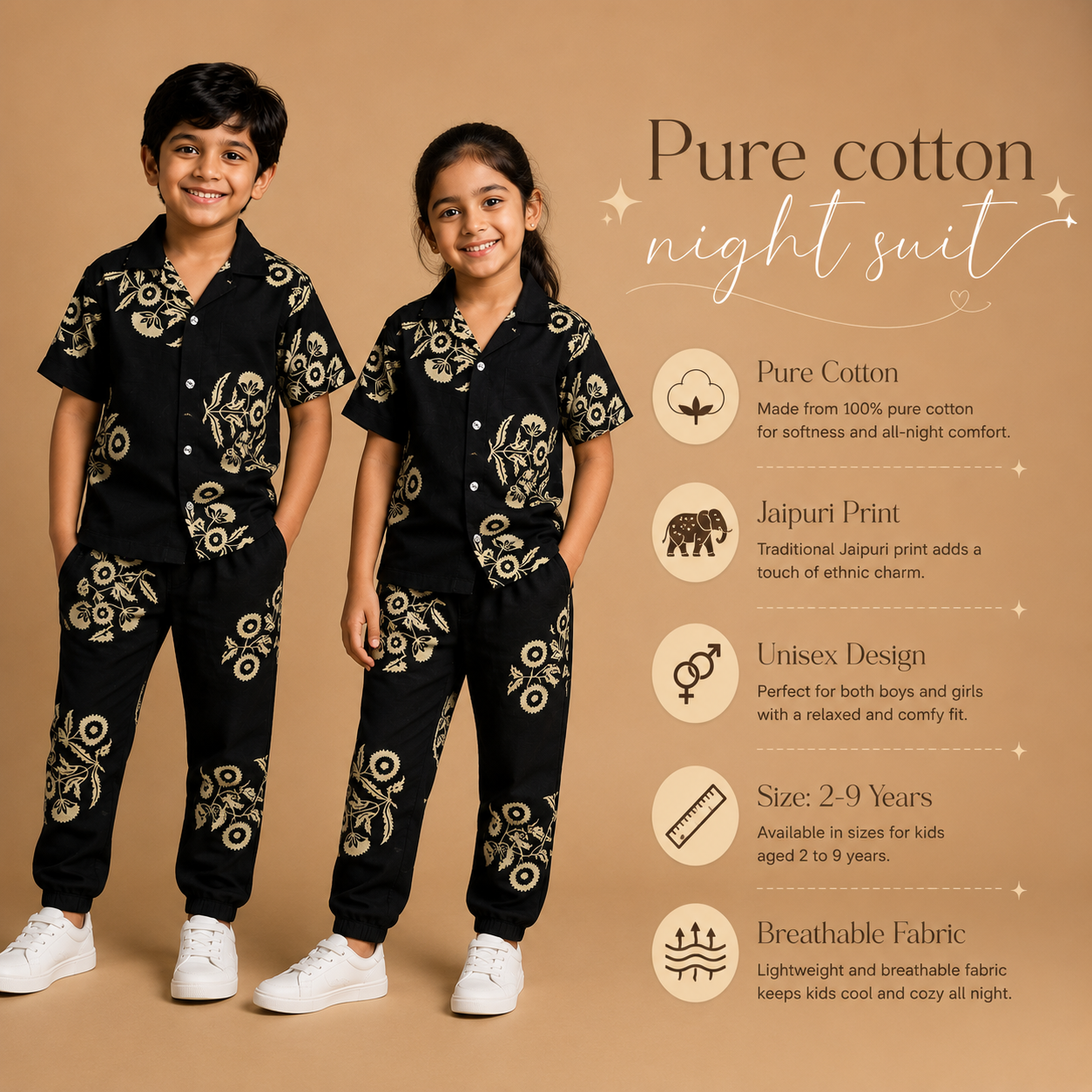 Pure Cotton Jaipuri Floral Print Night Suit Full Set