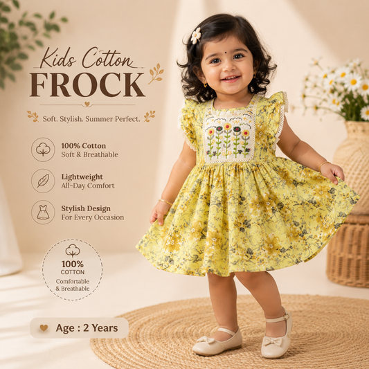 Vibrant Yellow Floral Pure Cotton Frock