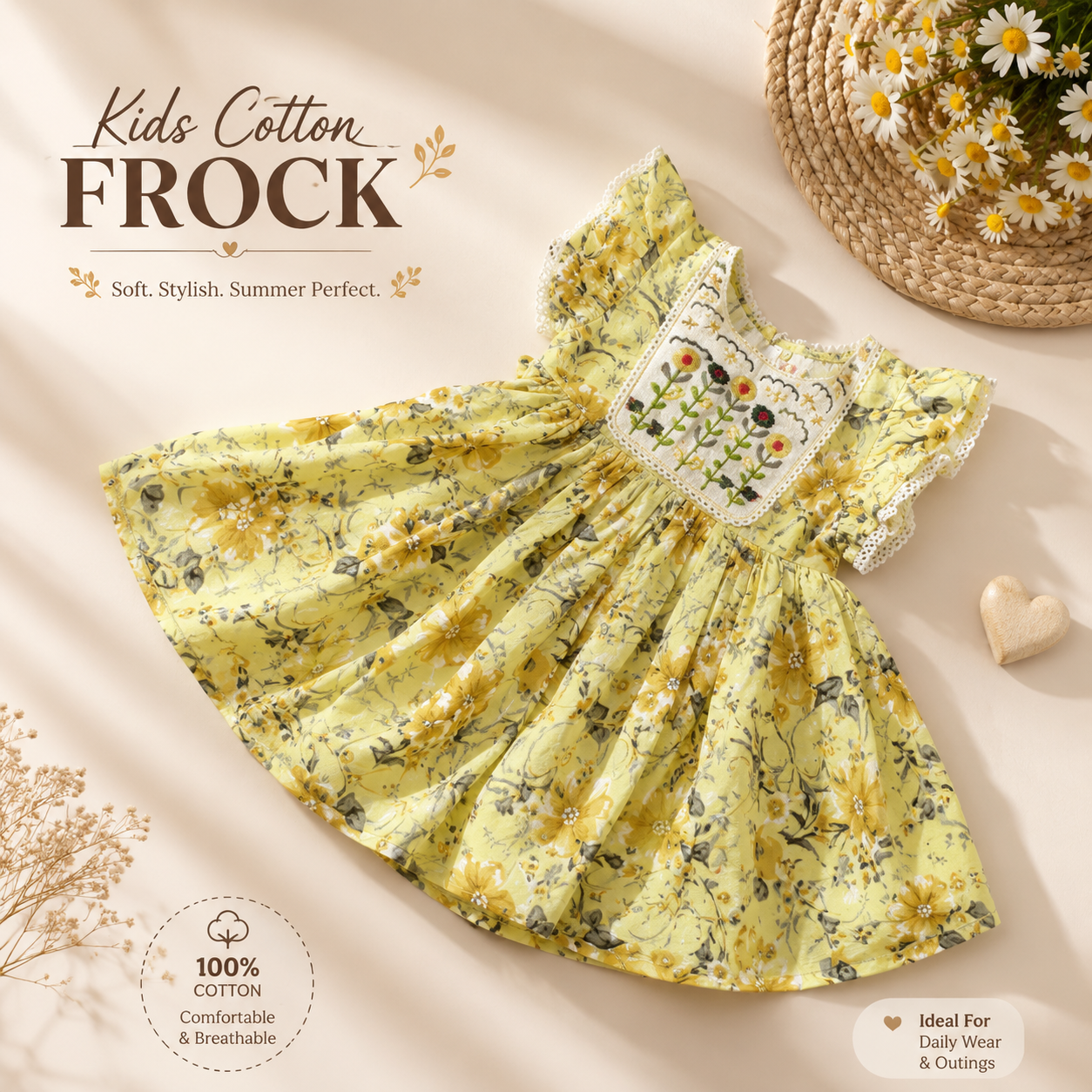 Vibrant Yellow Floral Pure Cotton Frock