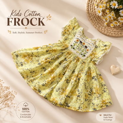 Vibrant Yellow Floral Pure Cotton Frock