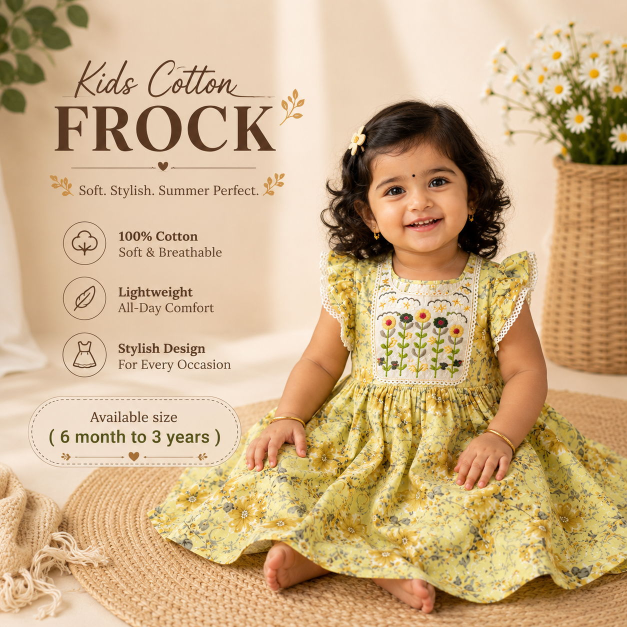 Vibrant Yellow Floral Pure Cotton Frock