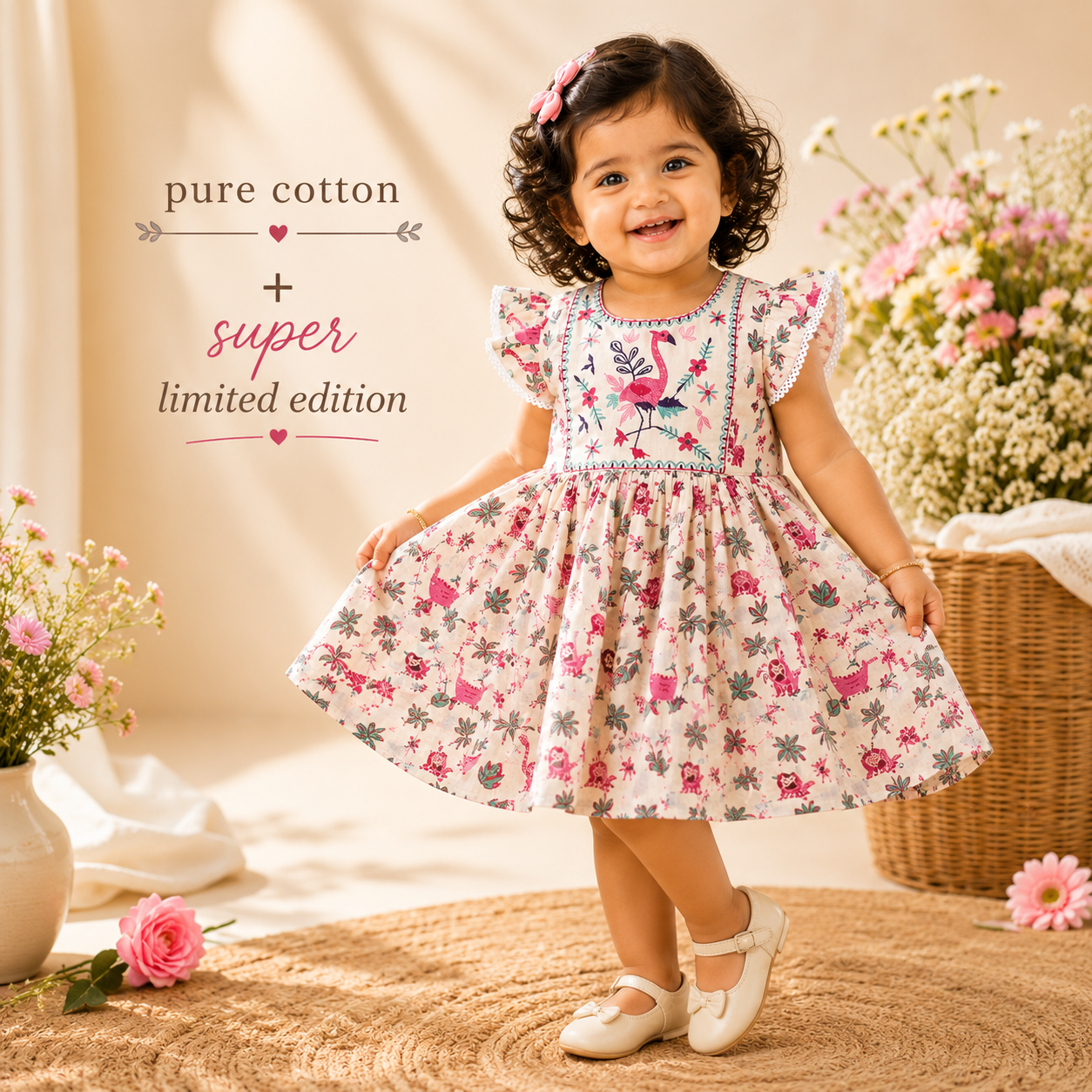 Stylish Pink Flamingo Print Cotton Frock