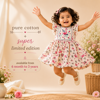 Stylish Pink Flamingo Print Cotton Frock