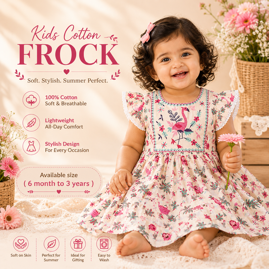 Stylish Pink Flamingo Print Cotton Frock