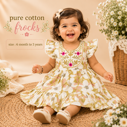 Elegant Green Floral Pure Cotton Frock