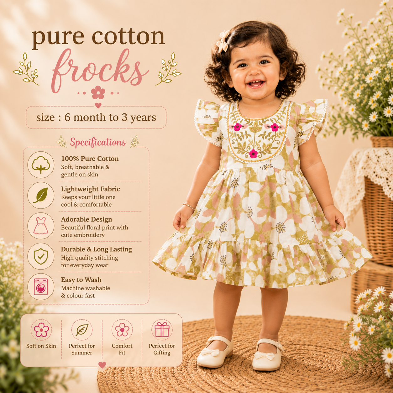 Elegant Green Floral Pure Cotton Frock