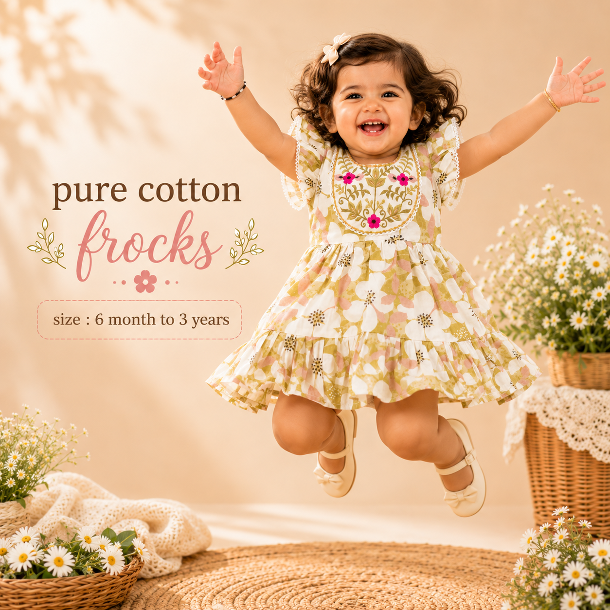 Elegant Green Floral Pure Cotton Frock
