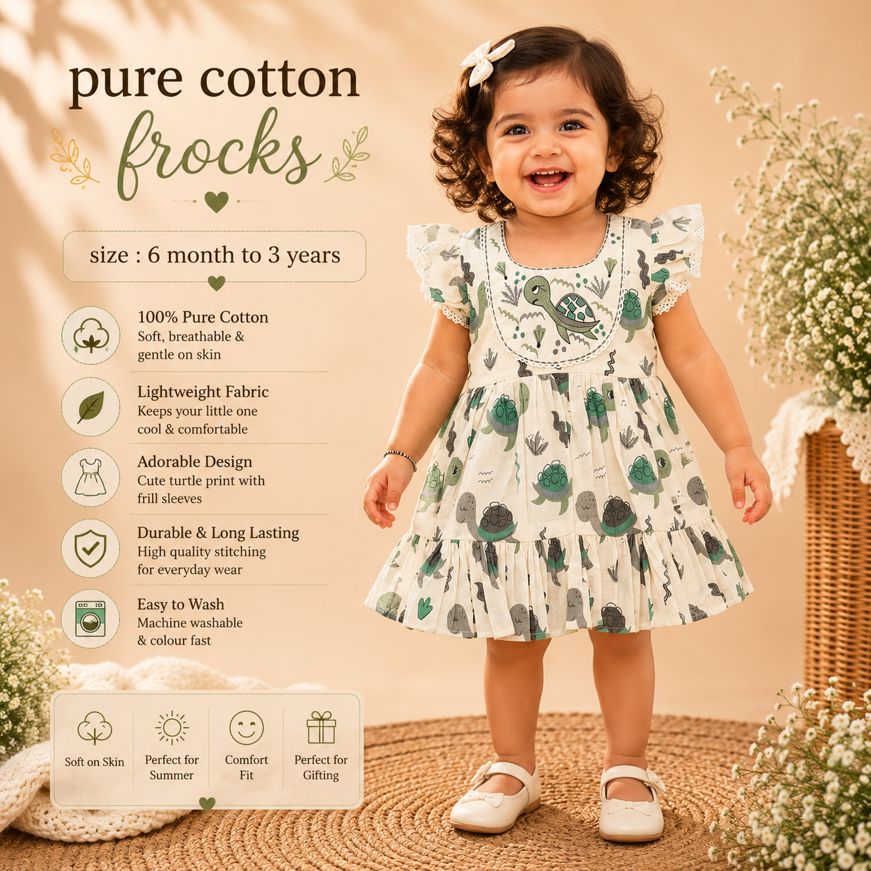 Cute Turtle Print Pure Cotton Frock