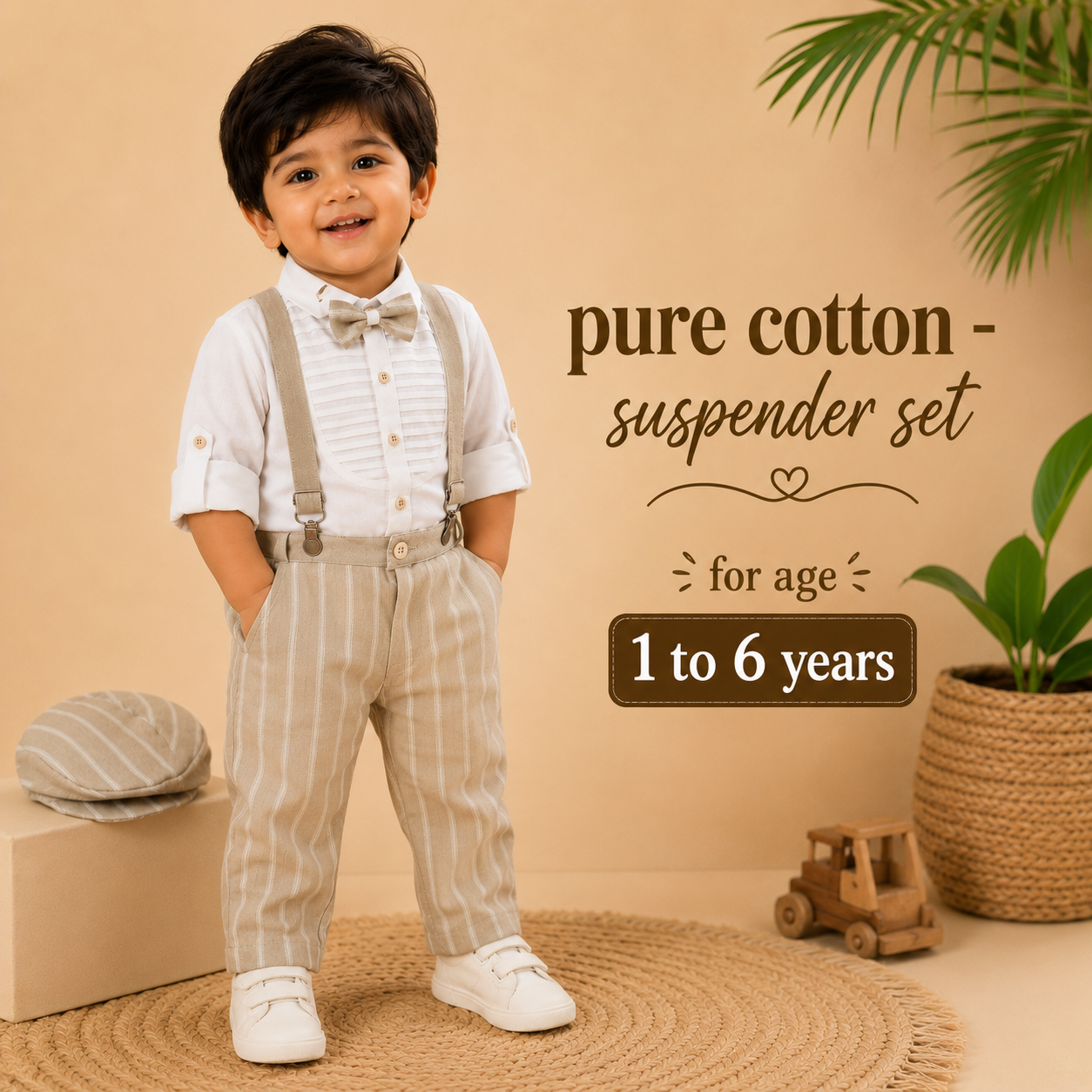 Pure Cotton Suspender Suit Set with Matching Hat