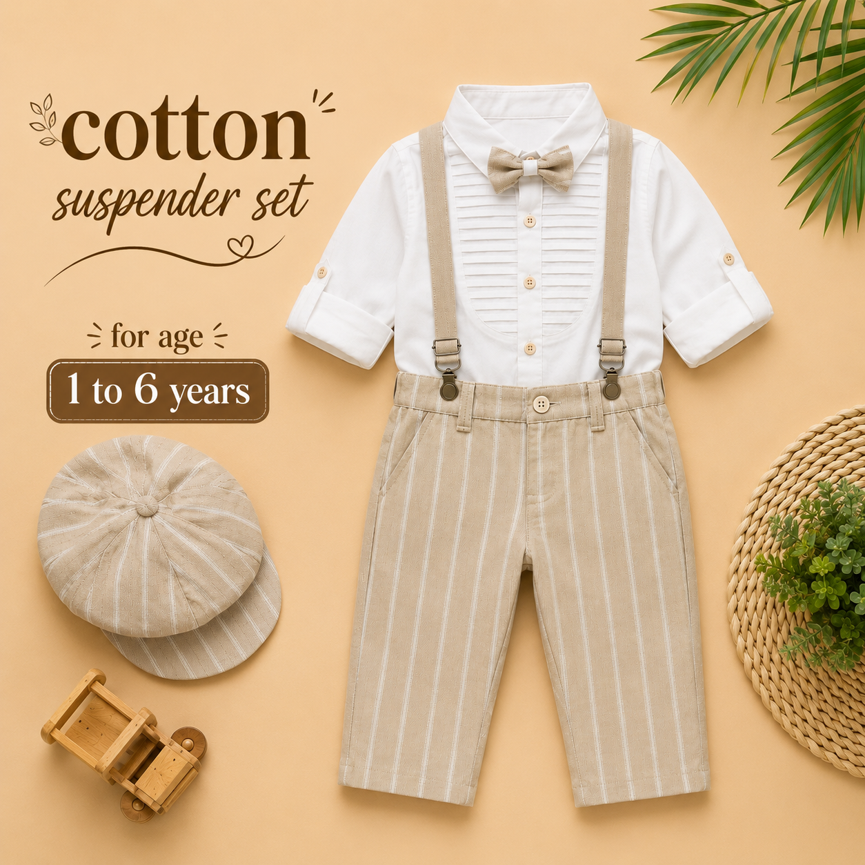 Pure Cotton Suspender Suit Set with Matching Hat