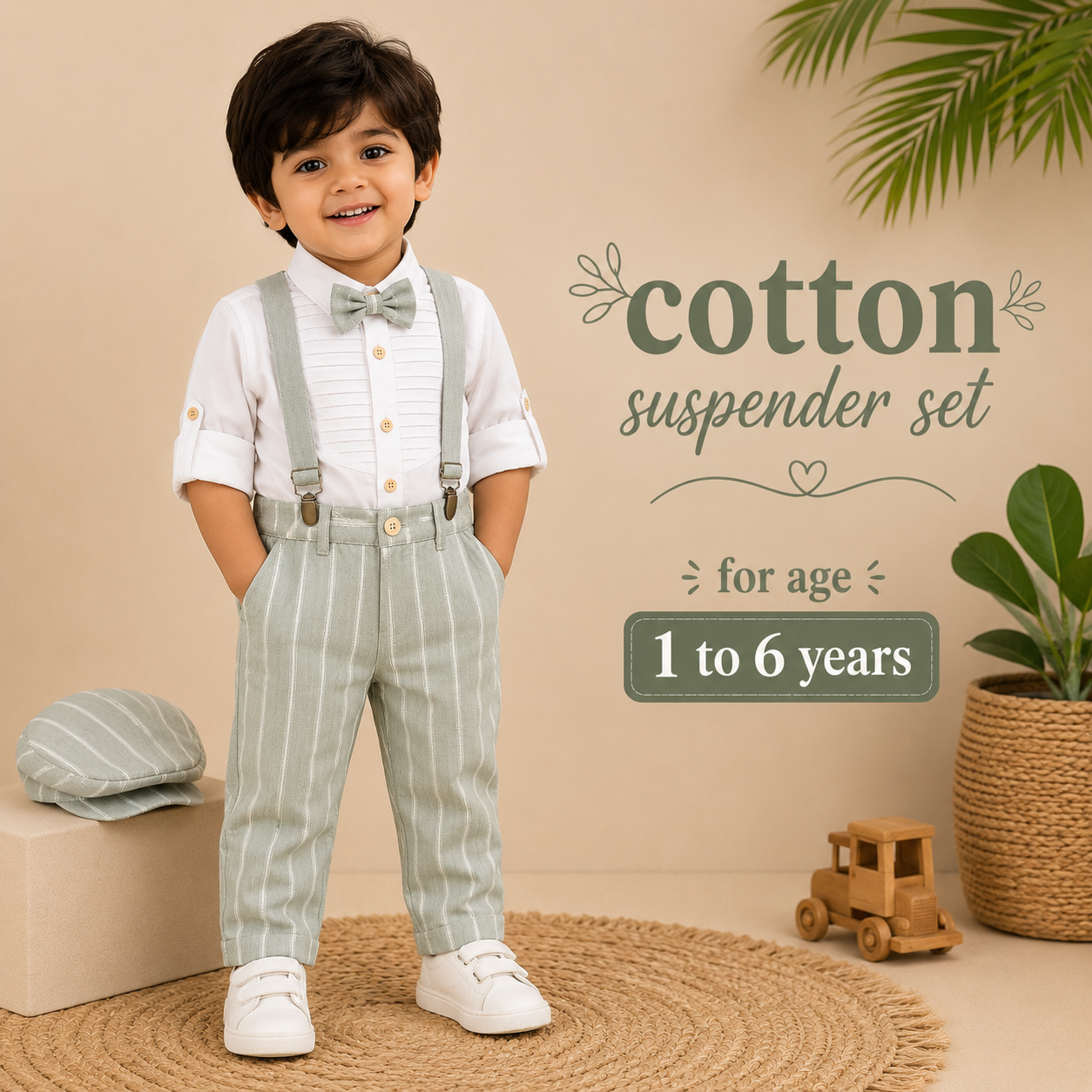 Pure Cotton Suspender Suit Set with Matching Hat