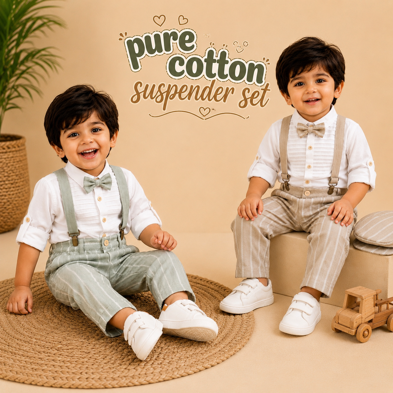 Pure Cotton Suspender Suit Set with Matching Hat