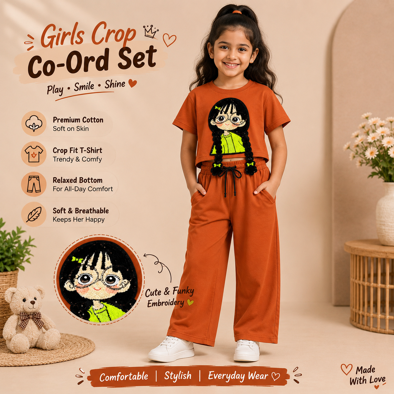 Trendy Girls Crop Top & Wide-Leg Co-ord Set