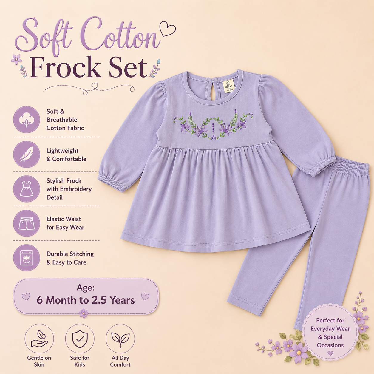 Soft Cotton Frock Set - Purple