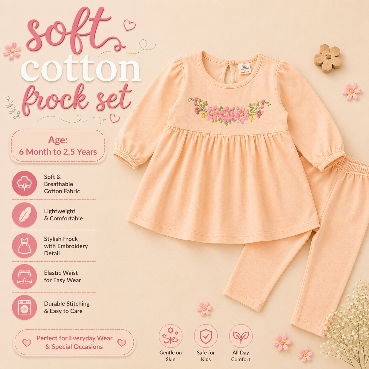 Soft Cotton Frock Set - Peach