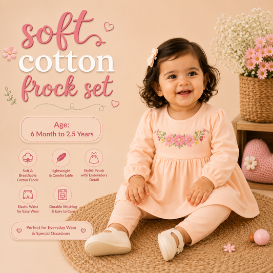 Soft Cotton Frock Set - Peach