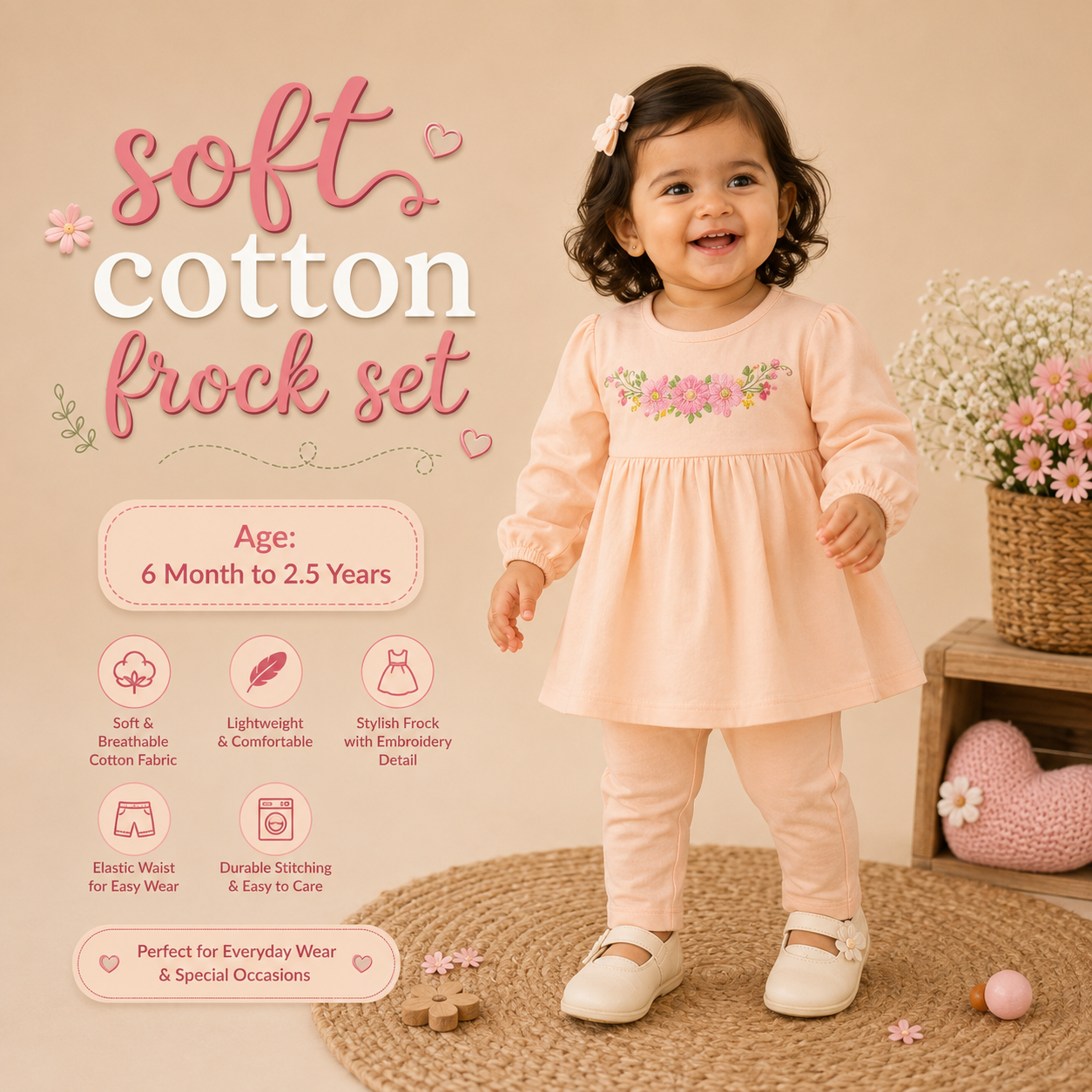 Soft Cotton Frock Set - Peach