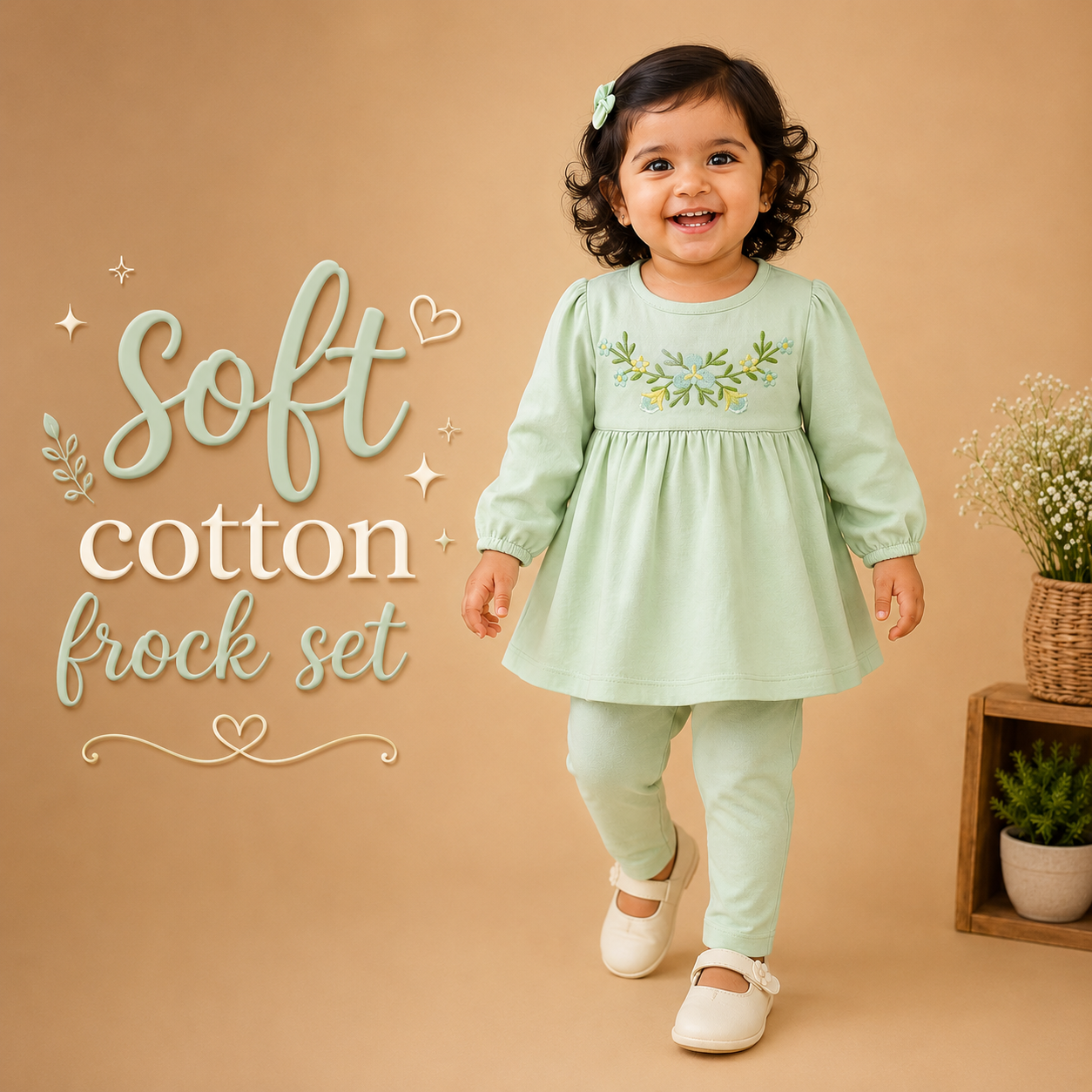 Soft Cotton Frock Set - Green