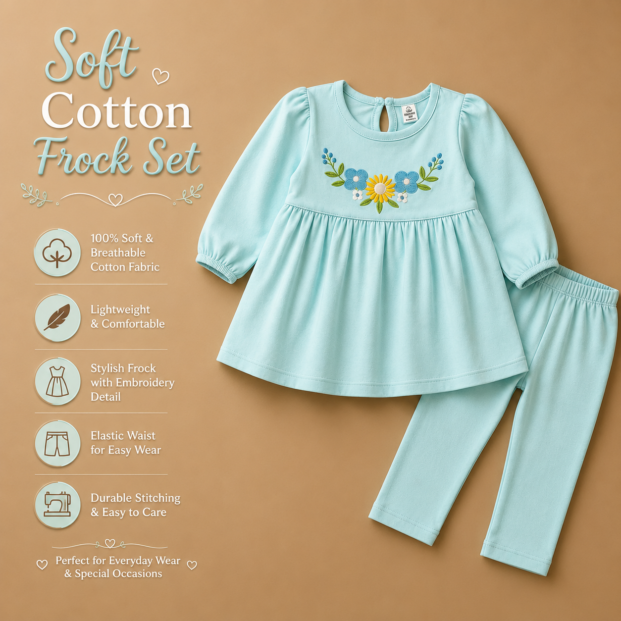 Soft Cotton Frock Set - Sky Blue