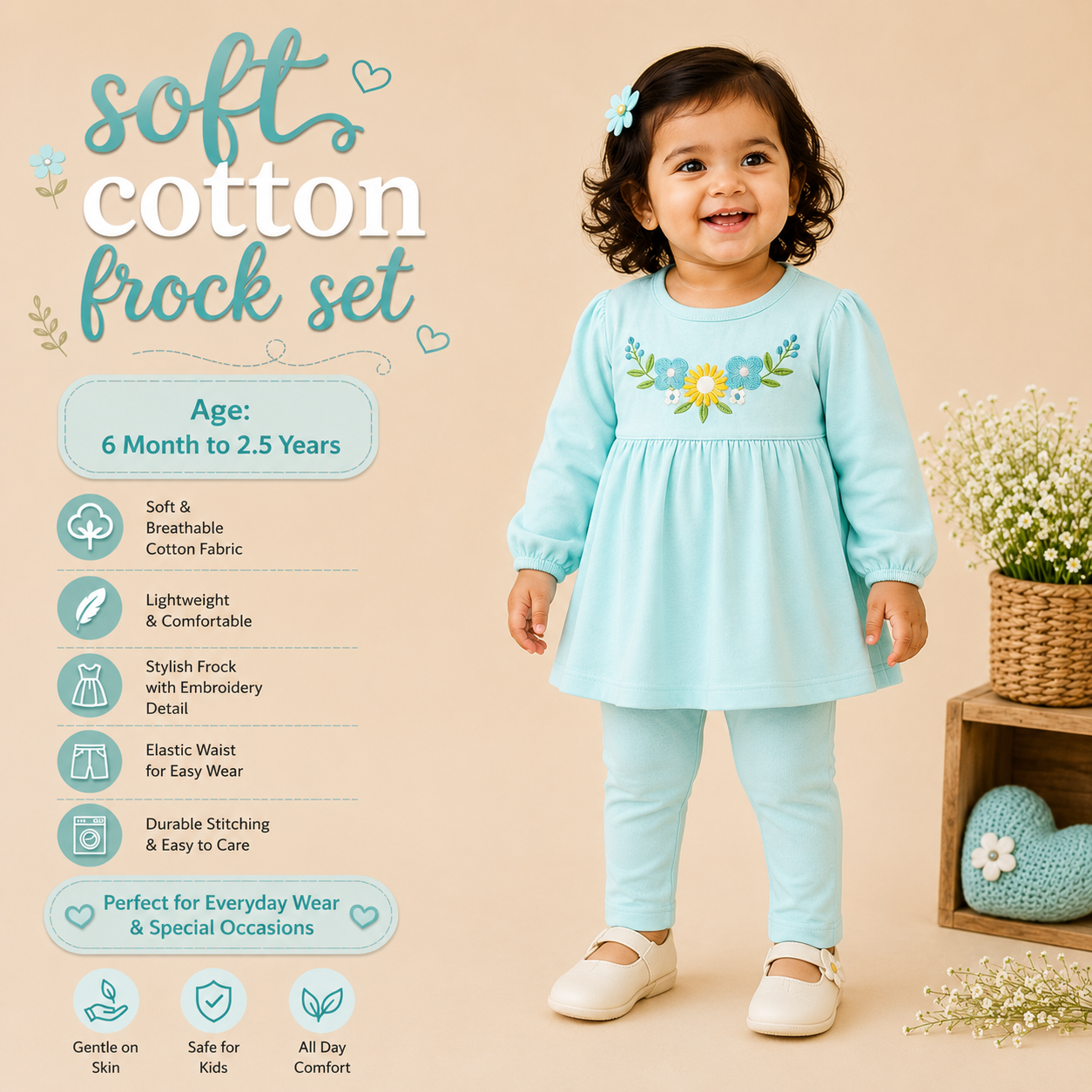 Soft Cotton Frock Set - Sky Blue